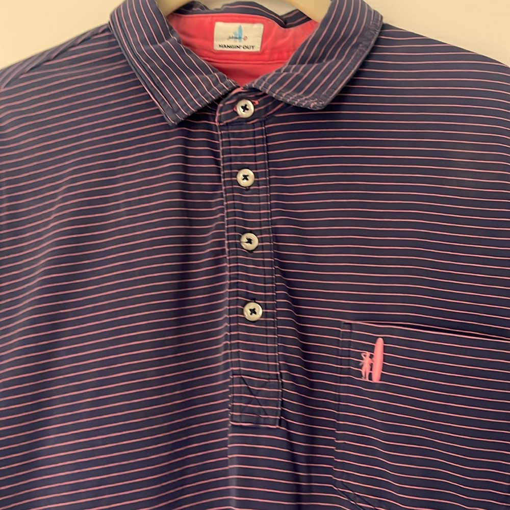 Johnnie-O men’s L blue and pink striped short sleeve polo shirt with pocket